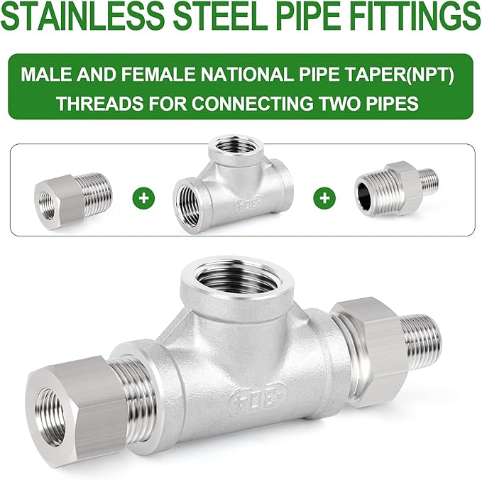 TAISHER 2PCS Stainless Steel Tee Pipe Fittings, 1/2" x 1/2" x 1/2" NPT Female Pipe Fittings