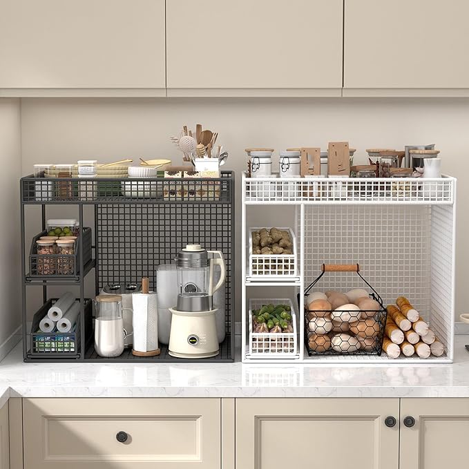 Mobile Storage Rack, Wide Opening Kitchen Storage Cart Rolling Utility Cart with 360 Rotating Wheels & Pull Out Baskets Kitchen Organizer for Bowls, Dishes, Utensils (Black)