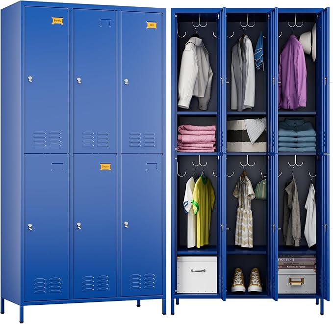 Metal Lockers for Employees with 6 Doors and 18 Hooks, 72”H Storage Locker with Card Slot for Office Gym School Bedroom, Blue, Assembly Required