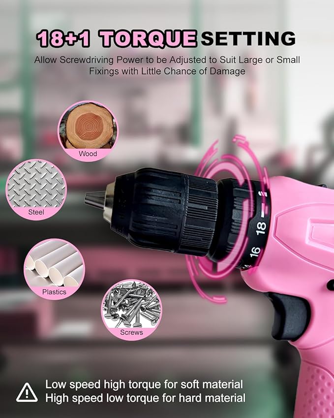 Cordless Drill Set, 12V Power Drill Driver with 2 Battery and Charger, Pink Electric Drill Power Tool for Women