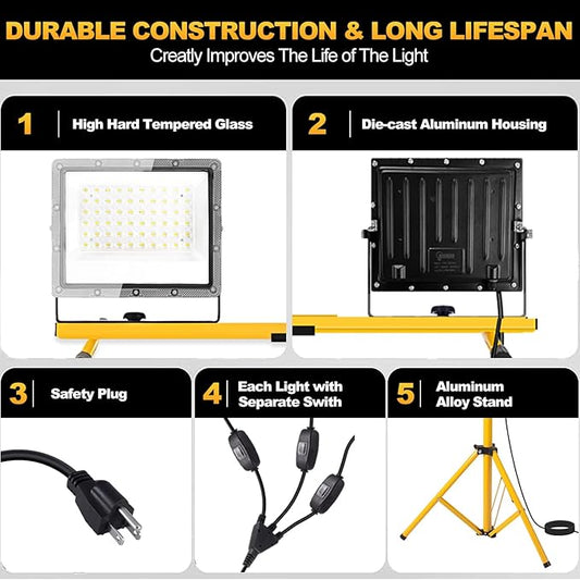27000 Lumen LED Work Light with Stand, 3-Head Adjustable Tripod Lights with 16.5FT Extended Cord, IP65 Waterproof Work Lamp for Indoor & Outdoor Job Sites, Workshops, Construction, Garage Lighting