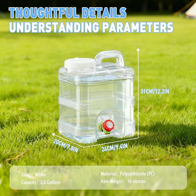 2.6 Gallon Water Jug,Camping Water Container with Spigot,BPA-Free with Cleaning,Brush Transparent Tank Portable,Suitable for Outdoor Camping and Hiking,White
