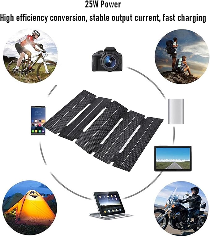 Generic Foldable Solar Panel, 25w 5 Fold Monocrystalline Silicon Etfe Thin Portable Solar Panel with 10 in 1 Connector Cable, Water Proof, for Outdoor Travel, Camping, Hiking