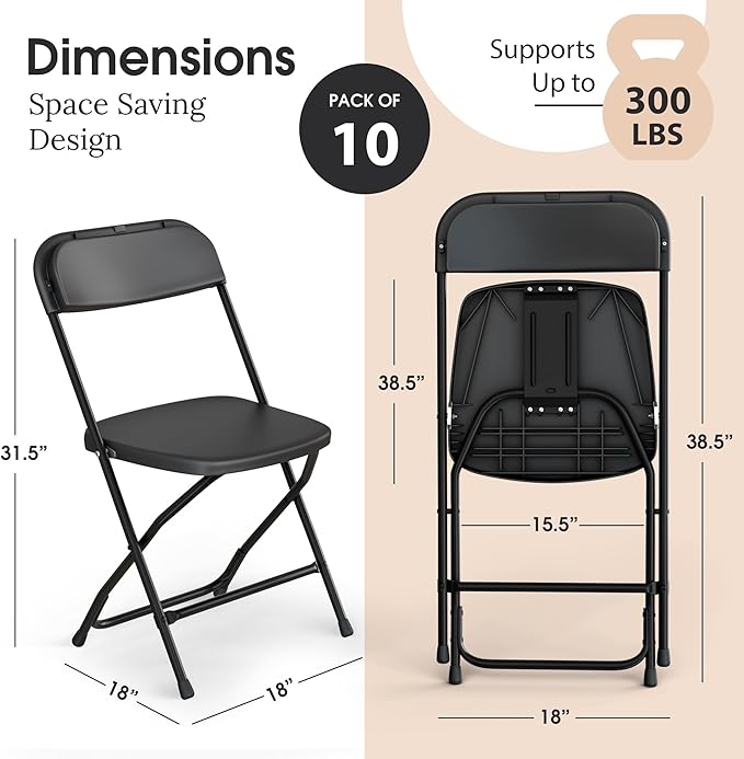 10 Pack Foldable Plastic Chair | Folding & Stackable | 350 lbs Capacity Steel Frame Seats for Indoor Outdoor | Commercial Use Events Wedding Party Bulk Picnic Kitchen Dining - Black