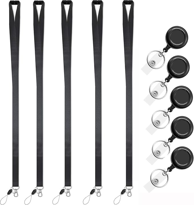 Black Lanyards 5 Pack with Retractable bagde Reel,Breakaway Safety Lanyard for ID Badge Holder