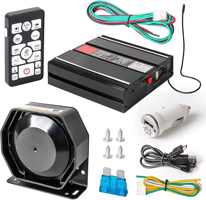 Police Siren 20 Tones 130 DB 200 Watt, Dual 20A Auxiliary Switch, Wireless Remote USB Rechargeable 15M Control Range, Car PA System Speaker Horn, Emergency Siren for Car Truck Vehicles