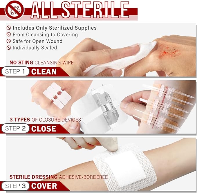 Wound Closure Kit | 28 Pcs All-in-One First Aid with Suture-Free, Stitchless Zip Devices, Butterfly Bandages, for up to 6" Wounds | 100% Sterile Medical Supplies to Clean, Cover & Heal