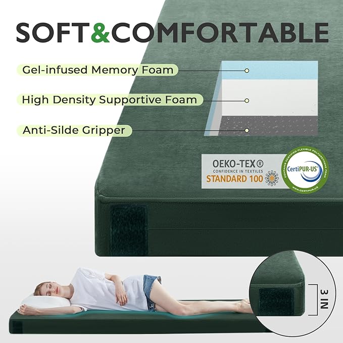 Kingfun 3 Inch CertiPUR-US Memory Foam Camping Mattress, Waterproof Roll up Sleeping Pad for Adults, Comfortable Thick Floor Sleeping Mats for Car Truck Tent with Removable Travel Bag
