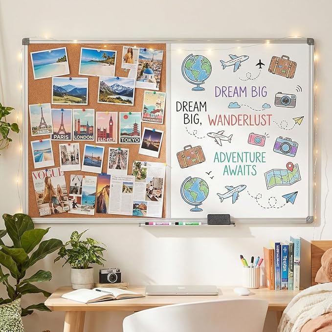 Magnetic Combination Whiteboard & Cork Bulletin Board 48 x 36 Inch - Dual Surface Vision Board for Home Office Organization, Kitchen Meal Planning & School Study - Silver Aluminum Frame