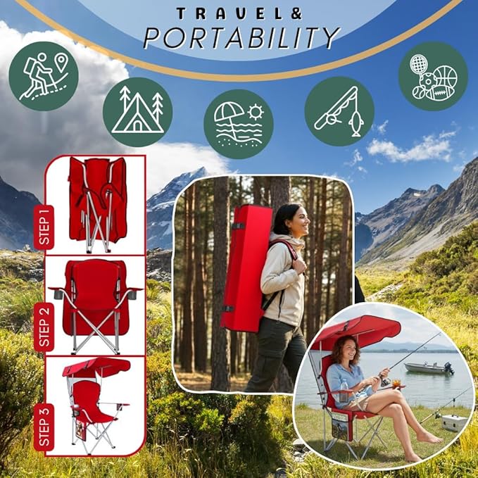 Portable Folding Camping Chairs with Canopy Shade, Beach Chair for Adults, Durable Weather Resistant 600D Oxford Cloth, Camping Chair with Canopy for Outdoors [Red-2 Pack]