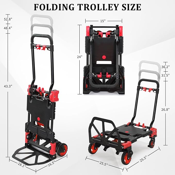 TUFFIOM Folding Hand Truck, Dolly Cart 330 lbs Capacity 2-in-1, Foldable Hand Truck with Retractable Handle and 4 Rubber Wheels, Hand Cart Dolly for Shoping, Office, Travel, Moving