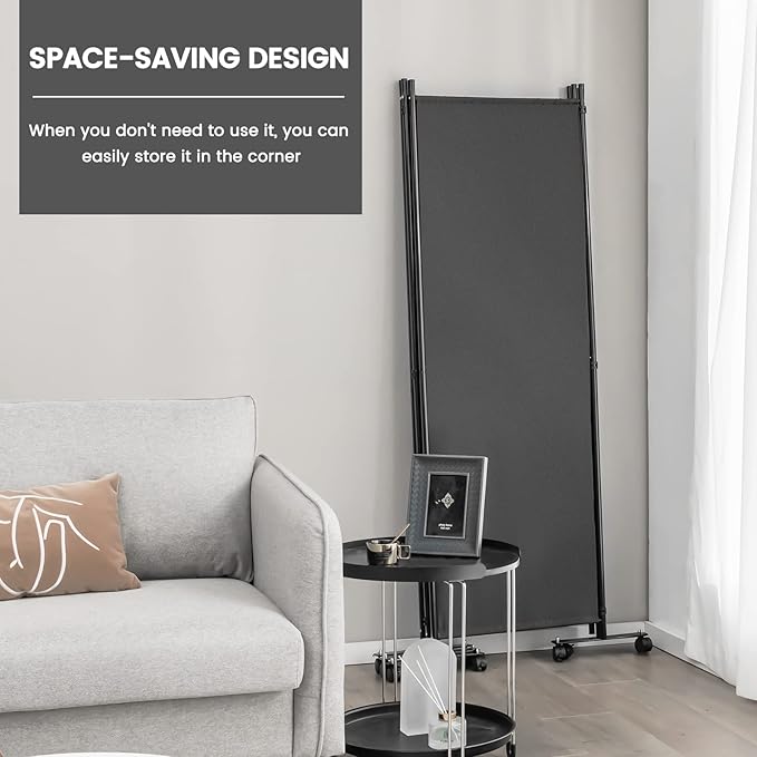 Giantex 4 Panel Room Divider, Folding Privacy Screen with Lockable Wheels, Rolling Partition Room Dividers, Freestanding Fabric Wall Divider for Home Office Studio Separation, 89''W x 68''H, Gray