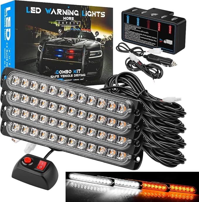 7 Inch LED Warning Safety Flashing Beacon Lights Kit, 4Pcs 12 LEDs Strobe Light Flashing Warning for All 12V-24V Vehicle off-road Truck SUV ATV Forklift Tractor Fire Engine (White+Amber)