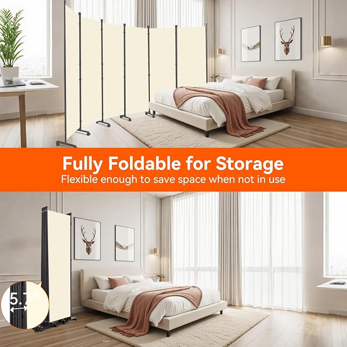 Room Divider 132''W Wall Divider for Room Partition (Heavy Duty Base) 6 Panel Partition Room Dividers, Freestanding Room Divider Screen Separation W/Wheel Folding Privacy Screen Panel Space Separator