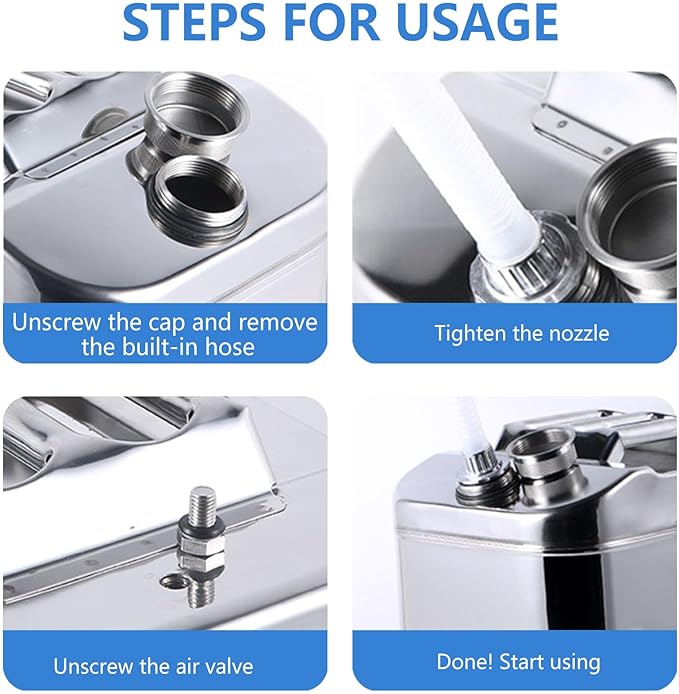 2.5 Gallon Metal Water Can 304 Stainless Steel Water Container with Flexible Spout/Nozzle System Pressure Relief Valve Safety Configuration for ATV UTV SUV MPV and Off Road Camping （10 Litre）