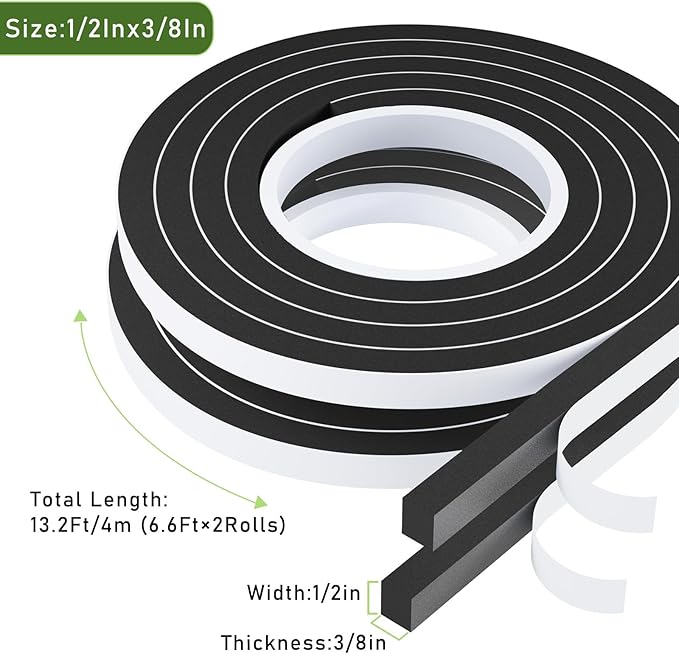Weather Stripping Door Seal Black,1/2Inch Wide X 3/8Inch Thick,Air Conditioner Window Seal,Self Adhesive Foam Tape High Density Foam Sealing Strip,Soundproof Foam Tape Roll,2 Rolls Total 13.2Ft