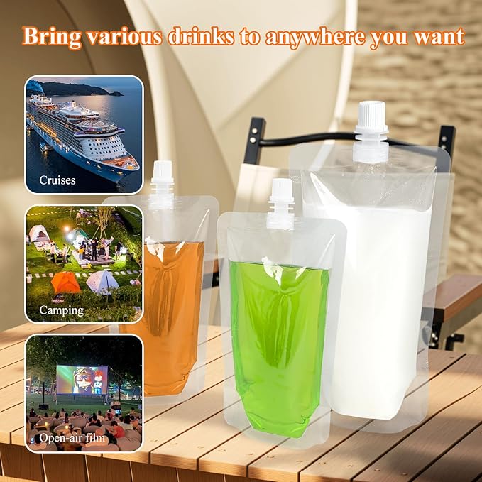 13OZ 100PCS Drink Pouches,Reusable Plastic Flask with Funnel for Drinking Liquid Beverage Juice,Stand Up Drink Bags for Travel Camping Outdoor Sport Concert Events,Leak-Proof Food Grade