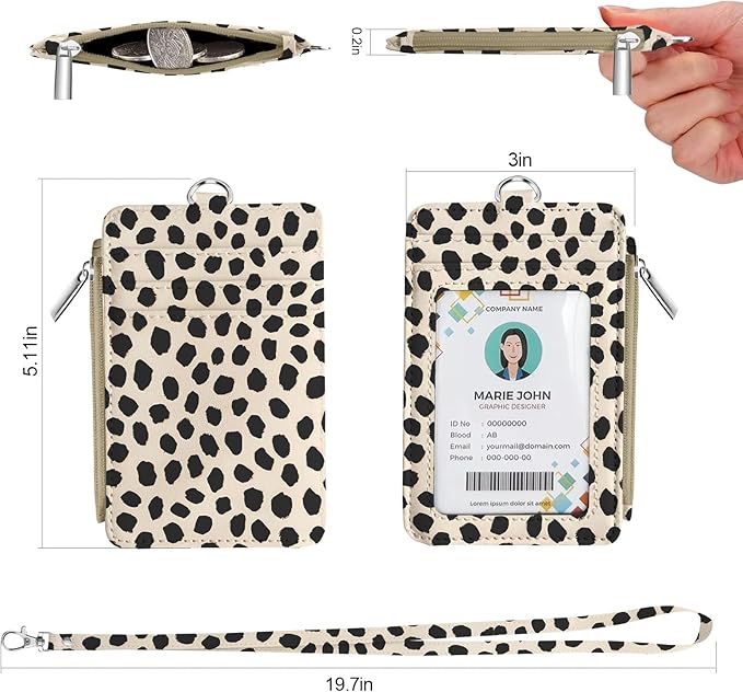 bolimoss Polka Dot Lanyard Wallet with Id Badge Holder Cute Leather Small Credit Card with 5 Card Slots, Side Zipper Coin Pocket,Breakaway Keychain Lanyards for Teacher School Nurse Office Worker