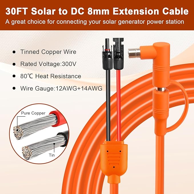 Solar to DC 8mm Charge Extension Cable 30FT,12AWG+14AWG Solar Cable with Solar Panel Connector to DC7909/8020 Compatible with Anker,GZ Yeti,BLUETT,Jackery Portable Power Station