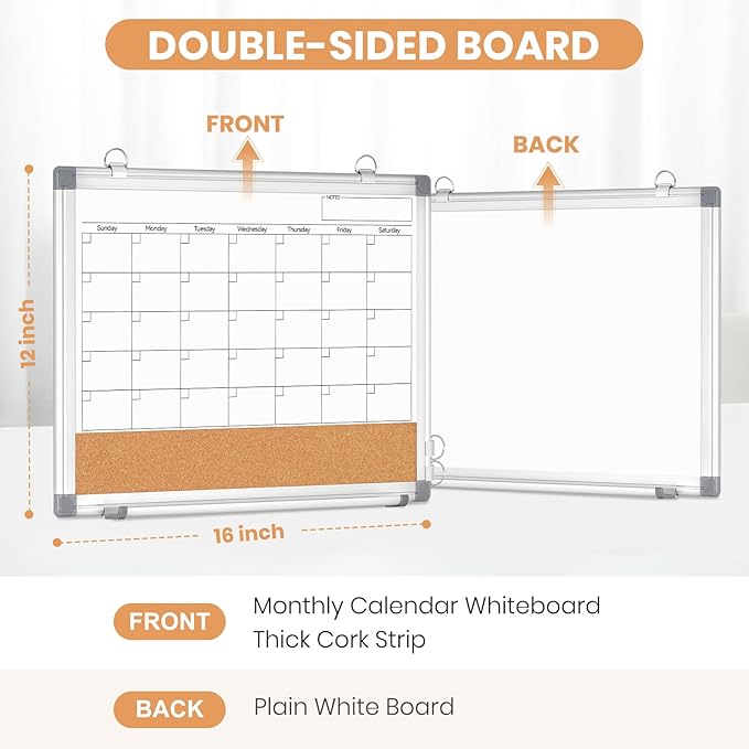 Monthly Dry Erase Calendar Whiteboard for Wall, 16" x 12" Double-Sided Small Calendar White Board, Framed White Board Cork Board Combo, Portable Dry Erase Board for Office, Kitchen, School, Home