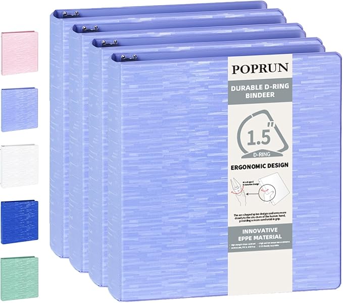 POPRUN 3 D Ring Binder 1.5 Inch, PVC-Free, Holds 375 Sheets of 8.5 x 11 Paper, Extra Durable Organizer with 2 Pockets for School & Office, Heavy-Duty, 4 Pack, Cornflower Purple