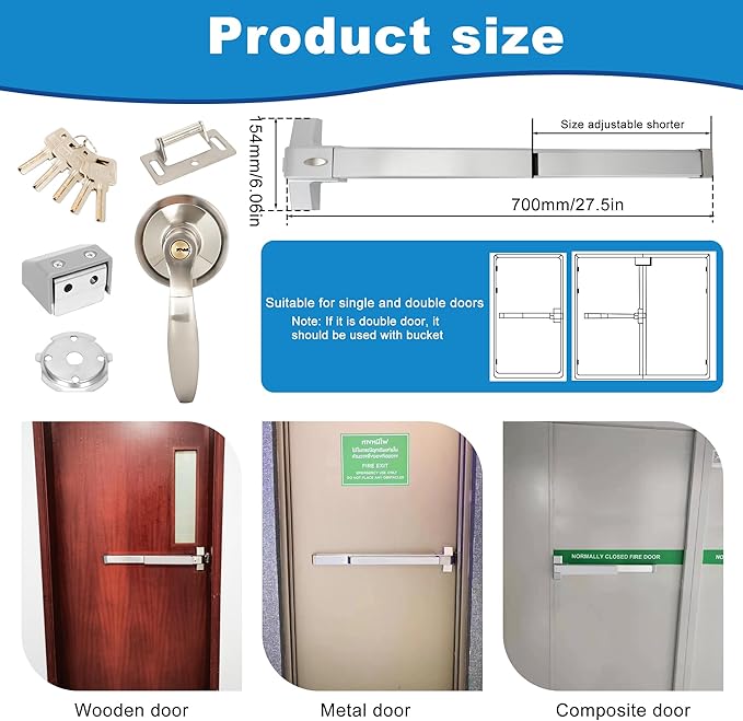 Push Bar Panic Exit Device - 27.5" Long, with Exterior Lever, Commercial Door Lock for 28-41" Wood/Metal Exit Doors