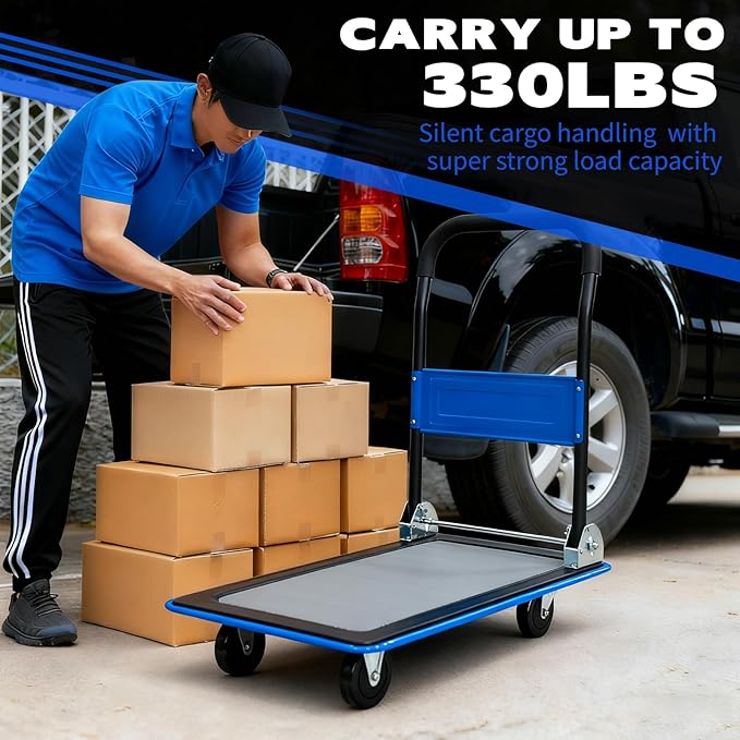 Blue Folding Platform Hand Truck 330 lbs Capacity, Heavy Duty Flatbed Dolly with 360° Swivel Silent Wheels, Foldable Steel Push Cart for Warehouse, Office, and Home Storage