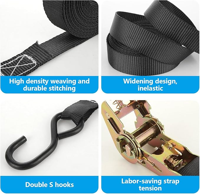 6 Pcs 1 Inch Ratchet Straps Heavy Duty 20ft Tie Down Strap Ratchet with Hooks, 2200 LBS Break Strength, Black Cargo Ratchet Straps for Motorcycle Straps Tie Downs, Appliances, Equipment
