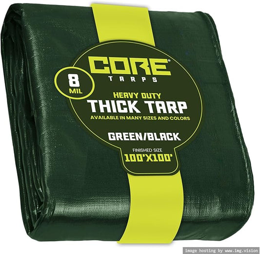 Core Tarps Heavy Duty 8 Mil Tarp Cover, Waterproof, UV Resistant, Rip and Tear Proof, Poly Tarpaulin with Reinforced Edges for Roof, Camping, Patio, Pool, Boat. (Green/Black 100′ X 100′)