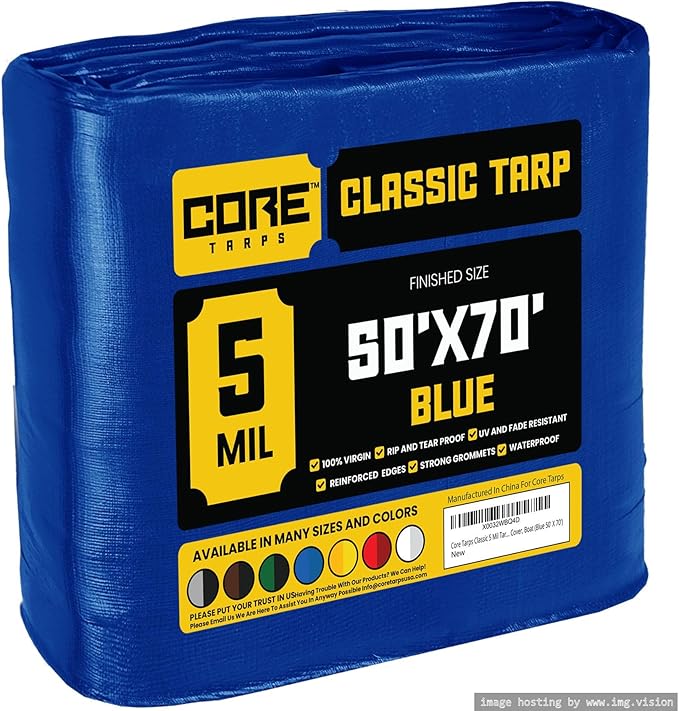 Core Tarps Classic 5 Mil Tarp Cover, Waterproof, UV Resistant, Rip and Tear Proof, Poly Tarpaulin with Reinforced Edges for Roof, Camping, Patio, Pool Cover, Boat (Blue 50′ X 70′)