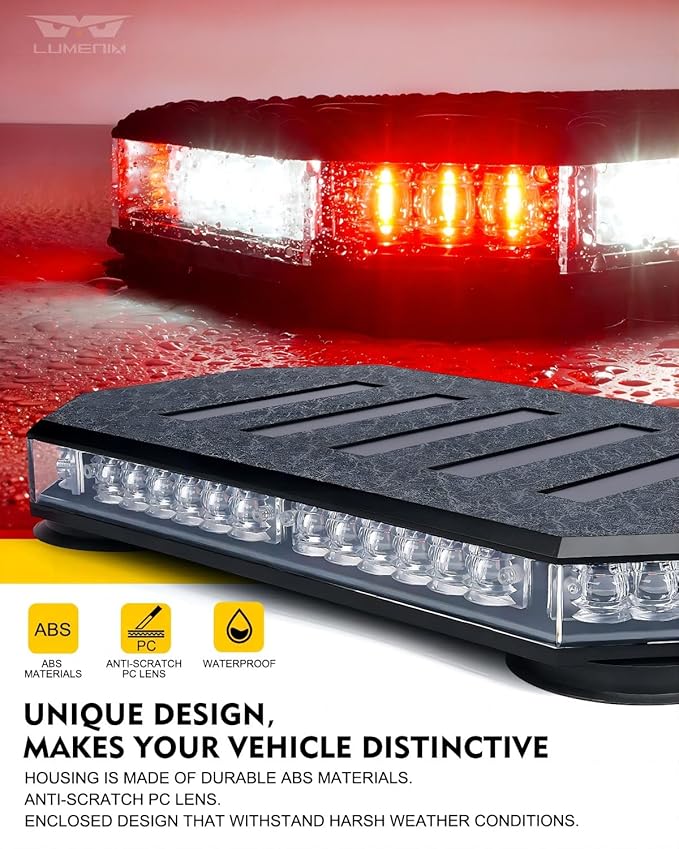 LUMENIX 42 LED Roof Top Strobe Beacon Light Bar Hazard Warning Emergency Flashing Firefighter Lights with Controller for First Responder Vehicles Fire Trucks Snowplow White Red (Patent Design)