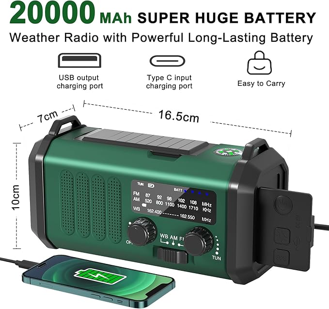 Gifts for Men Dad Husband - Christmas Stocking Stuffers, Emergency Hand Crank NOAA Weather Radio with Solar Charging 20000mAh Battery Built-in Flashlight, Reading Light & SOS Alarm