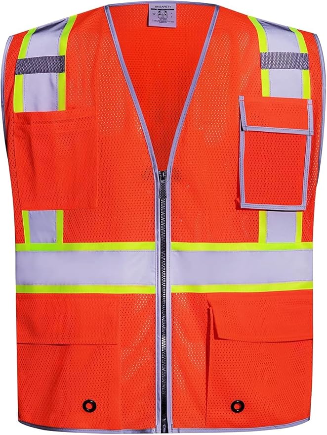 SKSAFETY 10 Pockets Safety Vest, Class 2 High Visibility Security with Zipper Double-sided mesh, Hi Vis Vest with Reflective Strips, ANSI/ISEA Standard, Construction Work Vest （Orange, L）