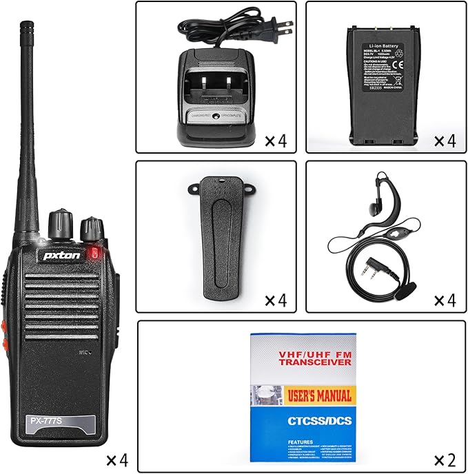 pxton 777S walkie talkies Long Range for Adults Rechargeable with Earpieces and Li-ion Battery,Two Way radios has VOX/TOT/Emergency Alarm/Battery Low Alert/Flashlight/Scan Function（4 Pack）