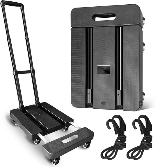 Folding Hand Truck,VDHU 650LB Heavy Duty Dolly Cart,Portable Utility Dolly 6 Wheels Luggage Cart with 2 Elastic Ropes,Extendable Platform Truck for Luggage, Travel, Moving Office Use, Black