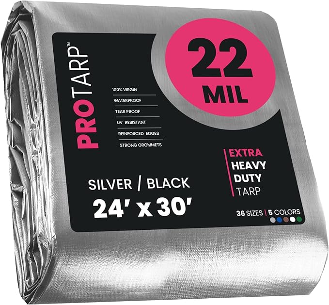 PROTARP Extreme Heavy Duty 22 Mil Tarp Cover, Waterproof, UV Resistant, Rip and Tear Proof, Poly Tarpaulin with Reinforced Edges for Roof, Camping, Patio, Pool, Boat. (Silver/Black 24′ X 30′)