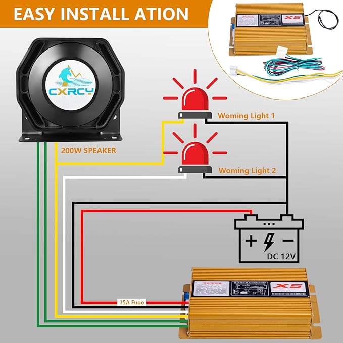 Alarm Horn Siren 12V 200W Car PA System Slim Speaker Sirens [18 Tones] [120-130dB][Wireless Mic] CXRCY Emergency Warning Siren for Vehicles Tow Truck UTV ATV Van Car POV RV