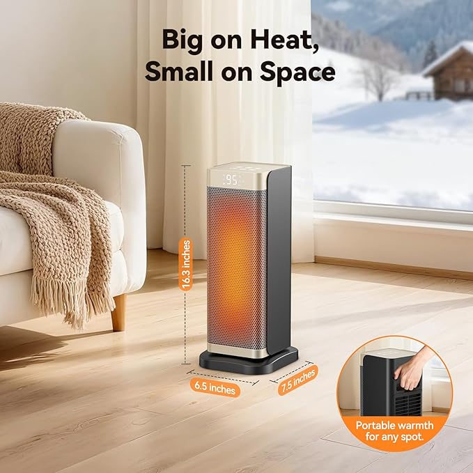 Space Heaters for Indoor Use, 1500W Electric Heater with Thermostat, 70° Oscillation, Remote Control, 3 Modes, 12H Timer, Portable Heater for Bedroom, Office, Home
