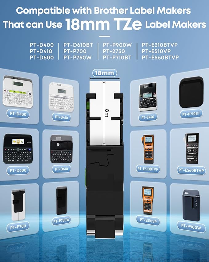 COLORWING 18mm Label Tape TZe-241 Replacement for Brother Label Maker Tape 18mm 0.7" Laminated White TZ TZe241 3/4 Inch P-Touch Black on White for PT-D400 D410 D460BT D610BT D600 Refill, 5-Pack