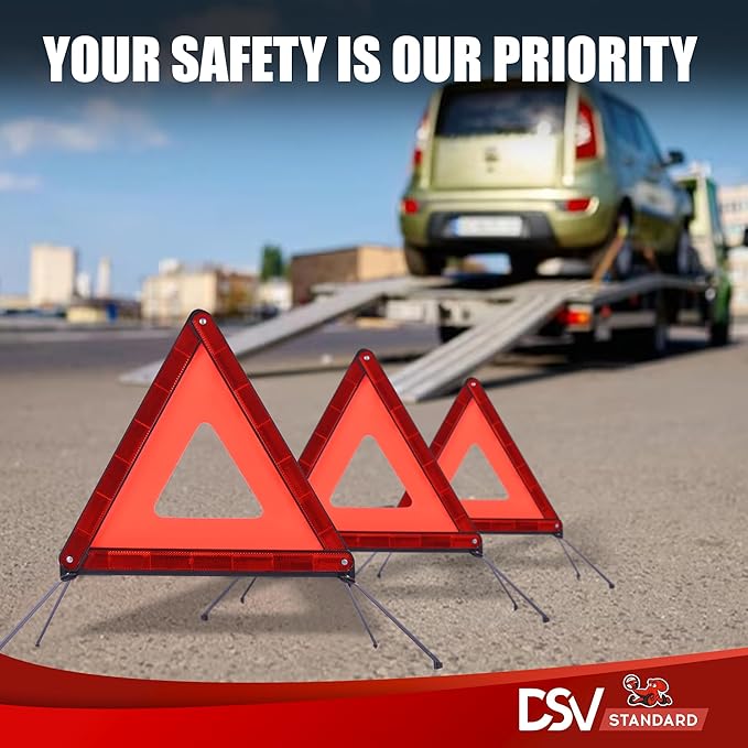 DSV Standard Emergency Triangles, Warning Triangles for Vehicles, Reflective Triangle, Safety Triangles with Case for Vehicles Breakdown, 3-Pack