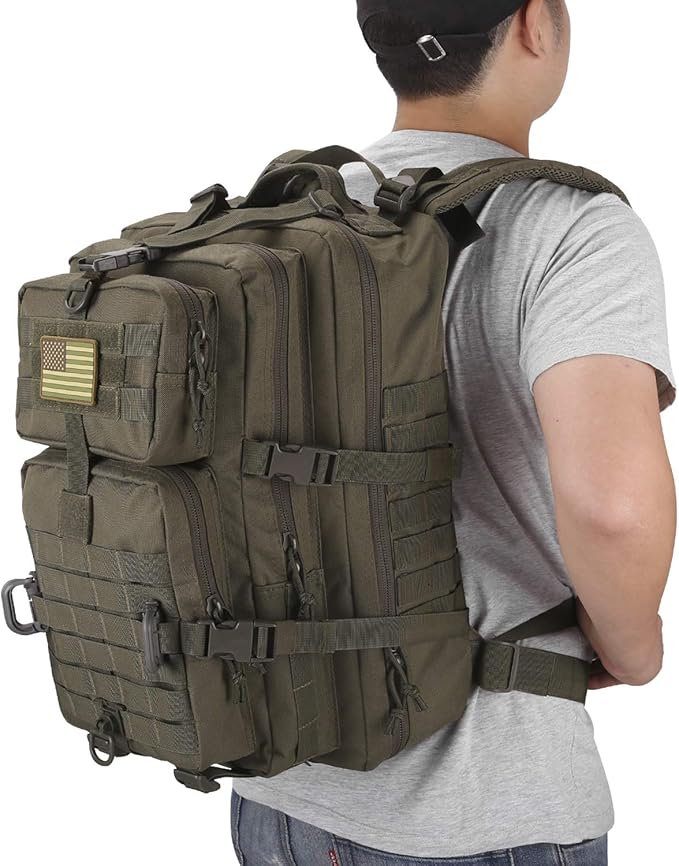MOLLE Assault Backpack, Tactical Backpack Military Army Camping Rucksack, 3-Day Pack Trip w/USA Flag Patch, D-Rings, Olive