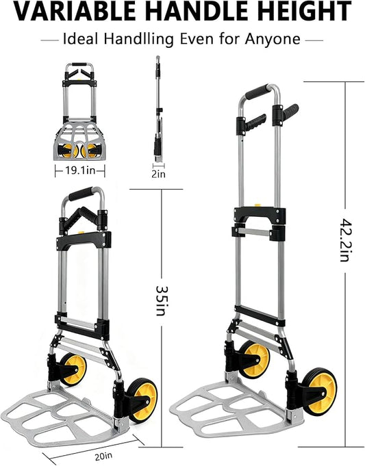 Folding Hand Truck Dolly Cart with Wheels 330 LBS Capacity Lightweight Aluminum Luggage Cart Trolly Collapsible Hand Trucks for Moving Travel Shopping Office and Home Use