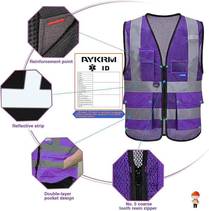 A-SAFETY High Visibility Mesh Safety Reflective Vest with Pockets and Zipper,Hi Viz Work Vest for Men Women (Purple Mesh XXXL)