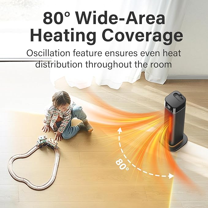 24" Space Heater, JRD Fast Heating Portable Electric Heater with Remote, Night Light, 80° Oscillation,4 Mode, Overheat&Tip-Over Protection, Ceramic Heat for Bedroom Office Indoor