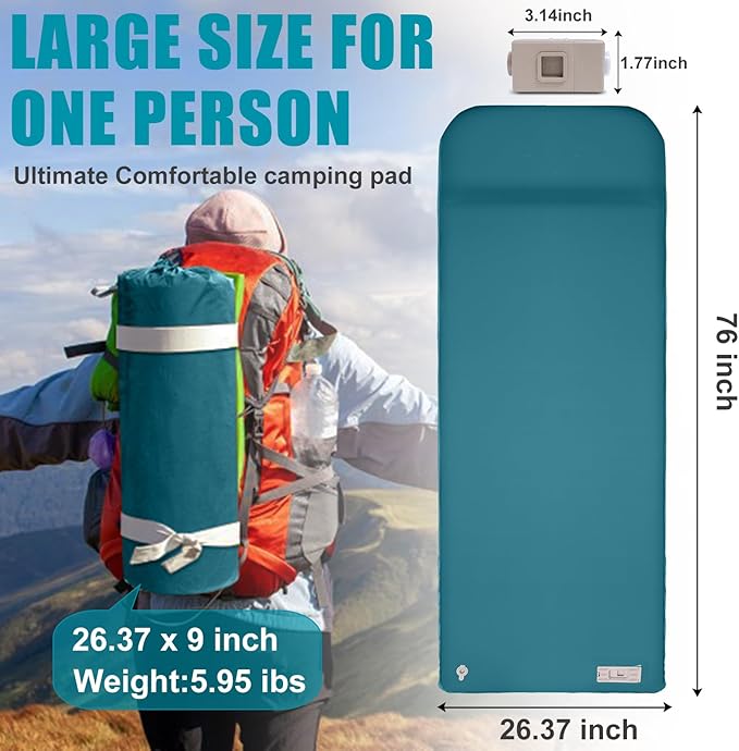 Self Inflating Sleeping Pad with Electric Pump for Camping, 3.14"Thick Memory Foam Sleeping Mats, Easy Inflate&Deflate,9.5 R-Value Insulated Camping Mattress with Pillow for Car Travel Tent, Dark Blue