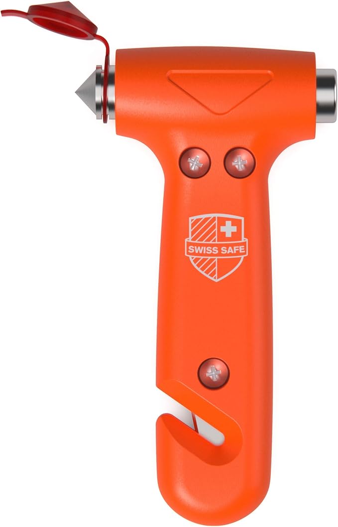 Swiss Safe Durable 5-1 Car Safety Hammer Window Breaker Breaker Tool w/Seatbelt Cutter - Emergency Escape Glass Hammer - Truck, Car Safety Essentials & Accessories - Orange, 1 Pack