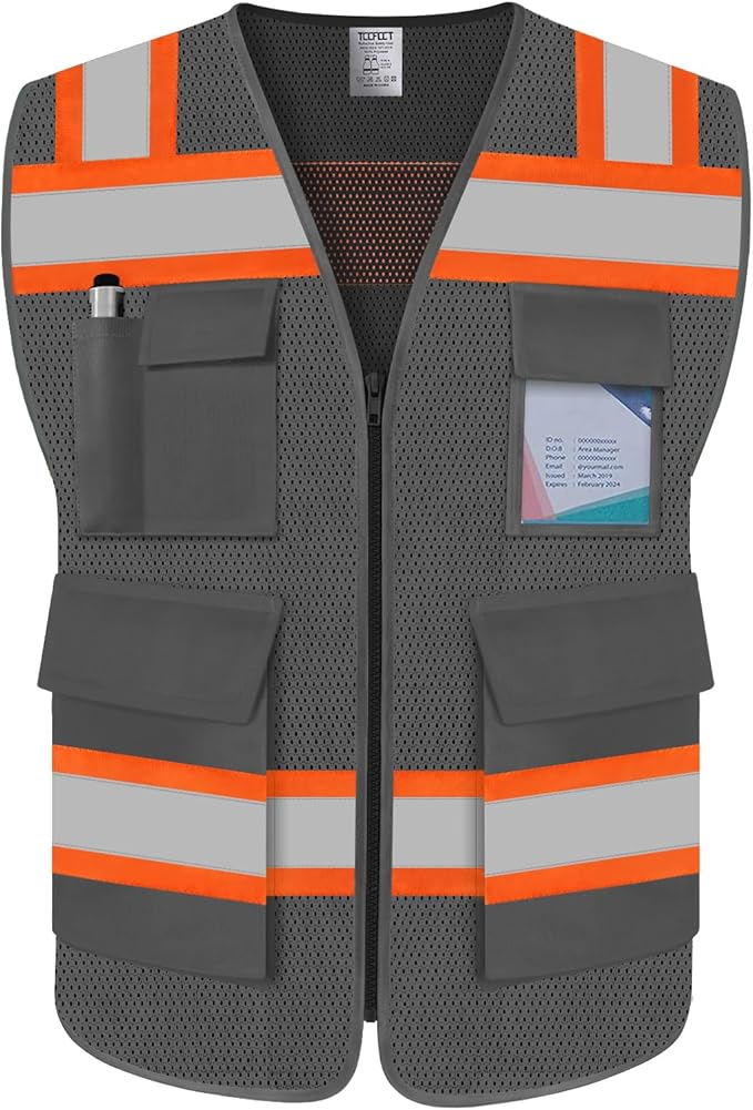 TCCFCCT Safety Vest for Men Women 5 Pockets Mesh High Visibility Reflective Vest with Reinforced Zipper, Durable Construction Work Vest with Fluorescent Orange Edge, Meets ANSI/ISEA, DW-Grey, 3XL