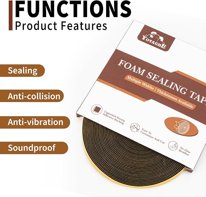 Yotache Thin Foam Tape Weather Stripping (.50) 1/2 Inch Wide x 1/16 Inch Thick (New Adhesive Craft), Seal Gasket for Speaker, Door Insulation, Soundproofing, Rattle, 33 Ft Length