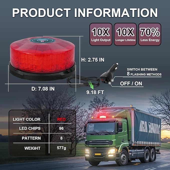 Red Beacon Light, LED Strobe Lights Magnetic Beacon Rooftop Emergency Flashing Safety Warning Lights 12-24V Beacon Lights for Trucks Vehicles Tractor Forklifts Snow Plow Boat Trailer Car Bus