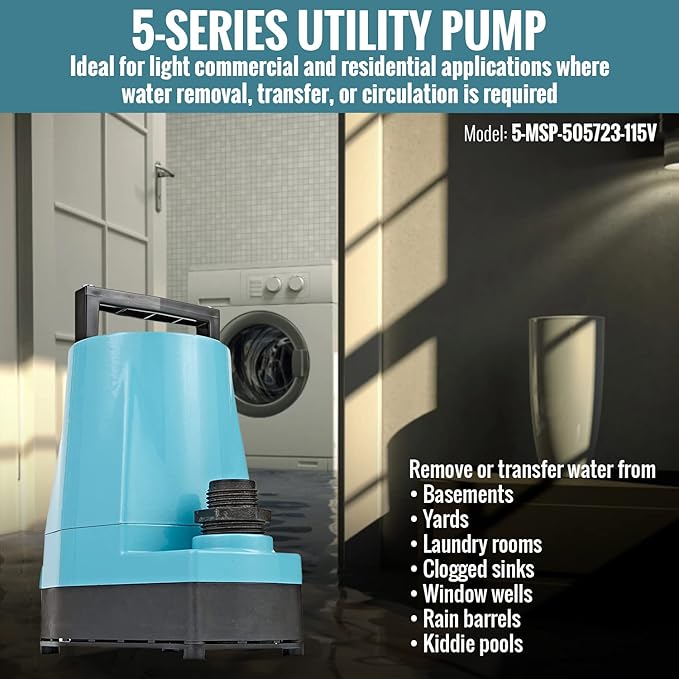 Little Giant 5-MSP 115-Volt, 1/6 HP, 1500 GPH Aluminum Manual Utility Pump, 10-Ft. Cord, Blue, 505723